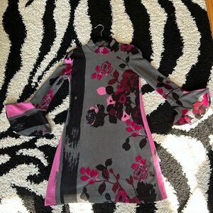 Gray and Pink Floral Dress with Flare Sleeves Dress